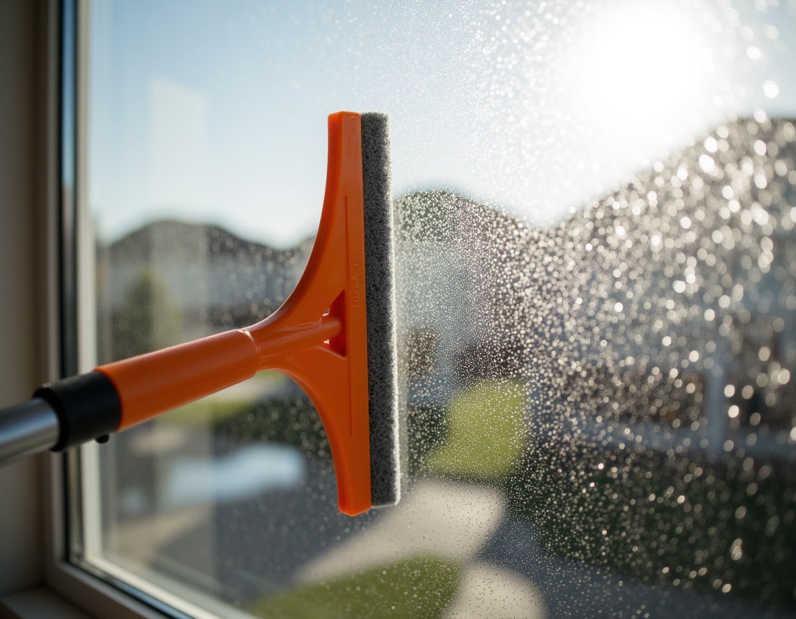 Fensterabzieher beim Reinigen einer Glasscheibe